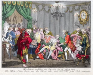 Morte de Gustavo III da Suécia (1746-1792) - O assassinato do rei Gustavo III em 16 de março de 1792 - Anónimo - 1792 - Água-forte, aguarela - 33,5x46,3 - Coleção particular