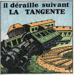Movimentos: tangente. Descarrilhamento de comboios. Ilustração anônima de 1925. Coleção privada.
