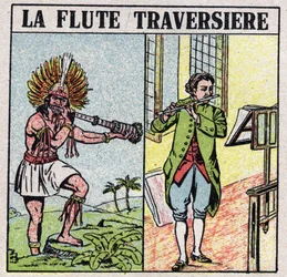 Instrumentos musicais: instrumentos de sopro. Tocadores de flauta transversal, no tempo dos Incas e tem uma era mais recente. Ilustração anónima de 1925. Colecção privada.