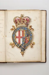 Ordem da Jarreteira: Livro de Estatutos que pertenceu a Charles Fitzroy, Duque de Grafton - Armas reais dos Hanovrianos de 1714 até 1801 (manuscrito em aquarela, séc.XVIII)