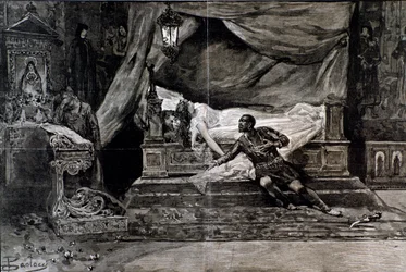 Otello suicida-se perto do corpo de Desdemona. Ilustração da última cena de Otello, ópera de Giuseppe Verdi