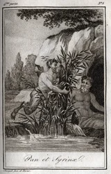 Pan e a ninfa Syrinx transformadas em canas (Pan e Ninfa Syrinx). Gravura de 1819 em "Lettres a Emilie sur la mythologie" de Charles Albert Demoustier (1760-1801). Coleção privada.