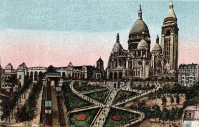 Paris: funicular e basílica do Sacre Coeur (Sacre-Coeur) no Butte Montmartre. Fotografia de 1920 no "Álbum Artístico" da cidade de Paris. Coleção particular.