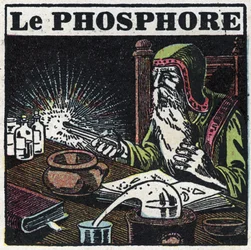 Fosforescência: fósforo. Um alquimista à procura da pedra filosófica no seu laboratório. Ilustração anónima de 1925. Coleção particular.