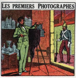 Fotografia: Os primeiros fotógrafos do século XIX. Fotógrafo a retratar um soldado no seu estúdio. Ilustração anônima de 1925. Coleção particular.