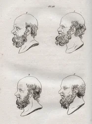 Fisiognomia - Fisiognomonia - Várias cabeças do filósofo grego Sócrates (ca. 469 AC-399 AC) (Busto de Sócrates (ca. 469 AC-399 AC), filósofo ateniense) gravura de 1808 em "A arte de conhecer os homens através da fisionomia" de Johann Gaspar (Gaspard) Lavat