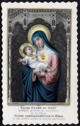 Imagem piedosa: Jesus como criança nos braços de sua mãe Maria, com o Sagrado Coração (gravura)