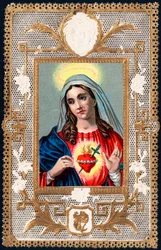 Imagem piedosa: "Virgem da Dor" Mater dolorosa. Cartão Dentelee. Cromolitografia do início do século XX Coleção Particular