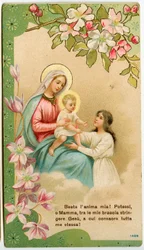 Imagem piedosa: Virgem com criança, uma menina piedosa toma Jesus em seus braços (cromolitografia)