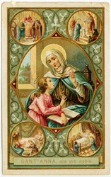 Imagem piedosa: cenas da vida de Santa Ana, O casamento, o nascimento de Maria, a apresentação ao Templo e a morte (cromolitografia)