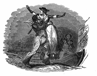 O pirata Charles Gibbs leva uma rapariga holandesa do seu navio (início do século XIX). Gravação de "O próprio livro pirata" de 1837.