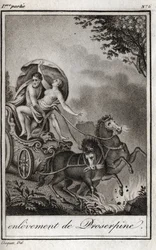 Plutão (Hades) toma Persephone (Prosérpina) na frente de sua mãe, Ceres (Demeter), e o leva para o reino do Submundo. Plutão transporta Perséfone para o seu reino, o submundo, na mitologia grega. Gravura de 1819 em "Lettres a Emilie s