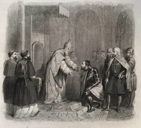 Papa S. Pio V (Pio ou Pio) (1566-1572) recebendo o vencedor da Batalha de Lepante. Gravura de 1846 em "Vidas dos Santos". Coleção privada.