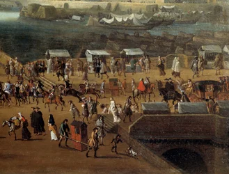 Cadeiras de porteiro e multidão na Pont Neuf em Paris no século XVII Detalhe. Pintura anónima. Paris, Musee Carnavalet