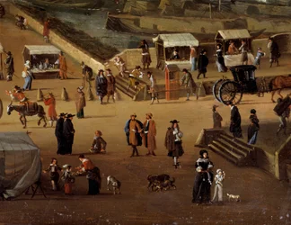 Cadeiras de porteiro e comércio na Pont Neuf em Paris no século XVII Detalhe. Pintura anónima. Paris, Musee Carnavalet