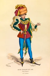 Retrato e fantasia de um jovem elegante em Paris em 1480, gravura - coleção particular
