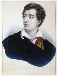 Retrato do poeta Lord George Noel Byron (1788-1824) (Retrato do poeta Lord G.N.Byron). Lithographie anonyme, rehaussee a l