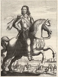 Retrato de Bernardo de Saxônia Weimar (Saxônia - Weimar) (1604-1639) com a representação da captura de João de Werth pelo Duque Bernardo e Duque de Rohan. Gravura do século XVII. Coleção particular.
