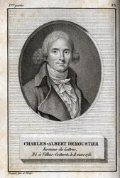 Retrato de Charles Albert Demoustier (1760-1801) escritor francês. Gravura de 1819 em "Lettres a Emilie sur la mythologie" de Charles Albert Demoustier (1760-1801). Coleção particular.