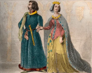 Retrato de Charlotte de Savoie (1441-1483) Rainha de França, com Luís XI de França, conhecido como o Prudente (1423-1483). Gravura de 1859 em "Le Monde. História de todos os povos desde os tempos mais remotos até aos nossos dias", de M. E. de Lostalot-Bach