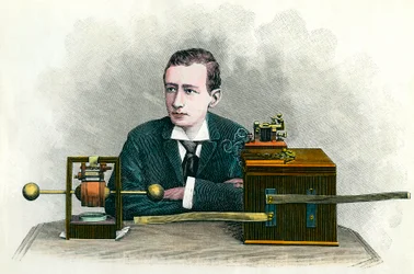 Retrato de Guglielmo Marconi (1874-1937), físico italiano, inventor do telégrafo. Gravura cerca de 1900. Coleção particular