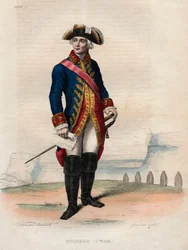 Retrato de Jacques Antoine Hippolyte (Jacques-Antoine-Hippolyte), Conde de Guibert (1743-1790), general francês e escritor militar - Ilustração de "Le Plutarque Français" de Edmond Mennechet