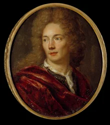 Retrato de Jean de La Bruyere (1645-1696) moralista francais Pintura em cobre anónimo. Século XVII.