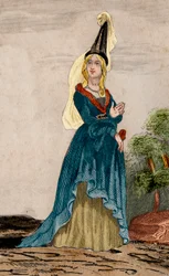 Retrato de Joana de Flanders (1295-1374), esposa de Jean de Montfort, Duque de Brittany (1293-1345). Gravura de 1859 em "Le Monde. História de todos os povos desde os tempos mais remotos até aos nossos dias". por M. E. de Lostalot-Bachoue (Lostalot Bachoue