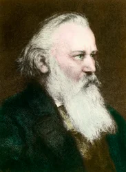 Retrato de Johannes Brahms (1833-1897), compositor alemão" Gravura da colecção privada do século XIX