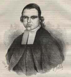 Retrato de Louis Bonafous, na religião irmão Léotade, acusado de violação e homicídio. Morreu no presídio de Toulon em 27 jan. 1850. Gravura em «Histoire des bagnes depuis leur création à nos jours» (1877) de Pierre Zaccone (1817-1895) (Colónia penal - Pe