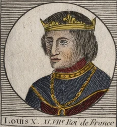 Retrato de Louis X le Hutin (1289 - 1316), Rei de França - Louis X (1289-1316) o Teimoso, Rei de França e Navarra - gravura de "Instruction sur l