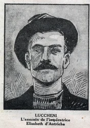 Retrato de Luigi Lucheni (1873-1910), anarquista italiano, assassino em 1898 de Isabel de Wittelsbach, imperatriz da Áustria conhecida como Sissi. Gravura em «L