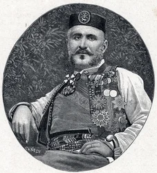 Retrato de Nicolau I de Montenegro (Nikola I Petrović-Njegoš) (Petrović-Njegoš) (1841-1921), príncipe de Montenegro e dos Brda. Gravura em «Les Missions Catholiques au XIXe Siecle», de Louis-Eugène (Louis Eugène) Louvet. Coleção particular.