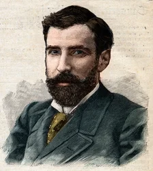Retrato de Pietro Paolo Savorgnan di Brazza ou Pierre Paul Francois Camille Savorgnan de Brazza em francês (1852-1905) Governador Geral do Congo Francês. Gravura em "Le Petro Parisien" (Le Petro Parisien)