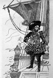 Retrato de um pirata no convés do seu navio.