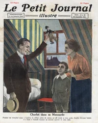 Retrato do ator Charlie Chaplin viajando para Londres, visitando seu antigo quarto, ele oferece ao filho da família uma bonequinha de Charlot. Ilustração tirada de "Le petit journal illustrious" de 23/09/1921. Coleção Particular