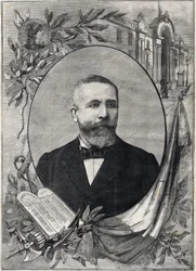 Retrato do novo presidente francês Emile Loubet (1838-1929), eleito em 18 de fevereiro de 1899. Gravura. Em "A Pequena Parisiense".
