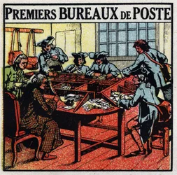 Correios: primeiros correios em Paris, no século XVIII. Ilustração anónima a partir de 1925. Colecção privada.