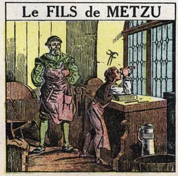Prismas e lentes: O filho de Metzu. O holandês Jacob Metzu (Jacques Metius) descobriu o telescópio por acaso em 1609, observando seu filho brincando com óculos côncavos e convexos. Ilustração anônima de 1925. Coleção particular.