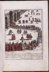 Procession du doge et de son entourage sur la place Saint Marc, Venise - Procession of the Doge and his entourage in the Piazza San Marco in Venice, Anonymous . Gravura em cobre, aguarela