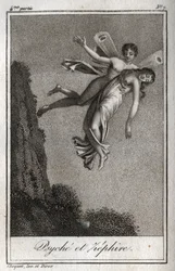 Psique levado por Zephyr. Gravura de 1819 em "Lettres a Emilie sur la mythologie" de Charles Albert Demoustier (1760-1801). Coleção privada.