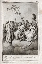 Psyche apresentada ao Tribunal Celestial. Gravura de 1819 em "Lettres a Emilie sur la mythologie" de Charles Albert Demoustier (1760-1801). Coleção privada.
