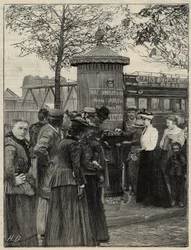 Higiene pública: habitantes de Paris que utilizam uma das fontes de água de filtree instalada no 15º arrondissement. Estas fontes têm um filtro do sistema Chamberland Pasteur. Gravura em "Le monde illustree" de 1892. Colecção privada.