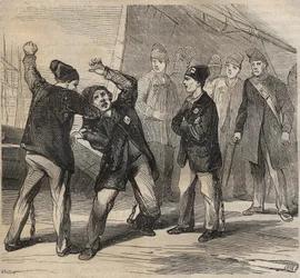 Cena do Pugilat no Toulon Bagne no século XIX. Gravação em "Histoire des bagnes depuis leur création à nos jours" (1877) de Pierre Zaccone (1817-1895) (Colonia Penale - colônia penal). Coleção particular.