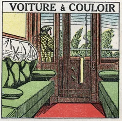 Ferrovias: vagão de corredor. Ilustração anónima de 1925. Coleção particular.