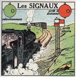Ferrovias: sinais utilizados para garantir a segurança do tráfego. Ilustração anónima a partir de 1925. Coleção privada.