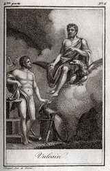 Representação de Vulcano, deus do fogo, forja e vulcões. (Vulcano, deus do fogo e dos vulcões). Gravura de 1819 em "Lettres a Emilie sur la mythologie" de Charles Albert Demoustier (1760-1801). Coleção privada.