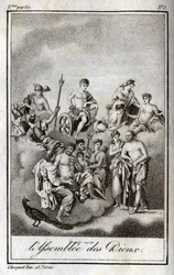Representação da Assembleia dos Deuses no monte Olimpo ou Doze Olimpíadas. Gravação de 1819 em "Lettres a Emilie sur la mythologie" de Charles Albert Demoustier (1760-1801). Coleção particular.