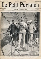 Regresso do General Alfred Dodds (1842-1922) da expedição Dahomet a bordo do Thibet. Um dos jornais "Le Petit Parisien" em 14/05/1893.