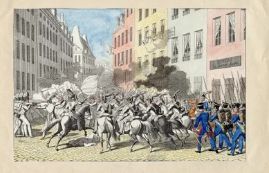 Revolution de juillet 1830 a Paris (A Revolução de Julho de 1830) Gravura anónima e aguarela 1830 Dim 25,7x40,3 cm Colecção Privada